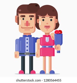 Romantic couple of young man and woman holding a flower bouquet illustration