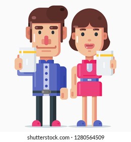 Romantic couple of young man and woman holding a cup illustration