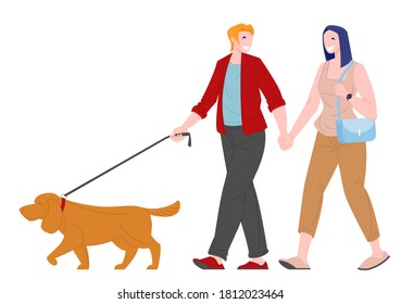 Romantic couple, young woman and man walking with dog. Love and family relationships concept. Flat cartoon character vector illustration.