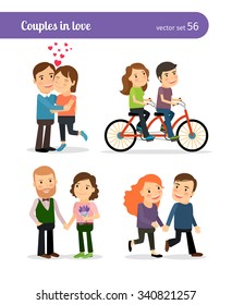 Romantic couples being together and walking, talking and riding bike. Vector illustration. 