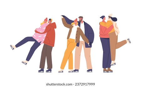 Romantic Couples Dancing on the Ice Rink. Male and Female Characters Glide Gracefully, Hand In Hand, Hug and Fun