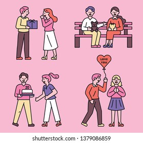 Romantic couples giving gifts to each other. flat design style minimal vector illustration