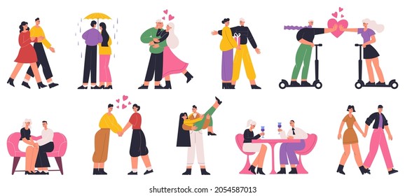 Romantic couples, happy man and woman dating, walking, hugging. Couples in love, dating, walking, hugging vector flat illustration set. Happy romantic couples. Love and romance by couple