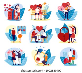 Romantic couples having date set. Happy couple in love spending time and relaxing together. Young man and woman having dinner, walking in park, dancing, making proposal flat vector illustration