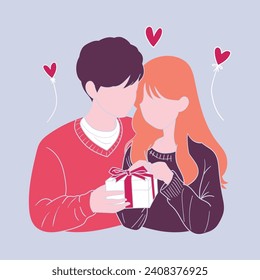 Romantic couples isolated on white background, portraits of man and woman in love hugging, cuddling and kissing. Hand drawn vector illustration for Valentine's day greeting card.
