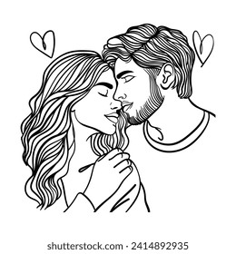 Romantische Paare einzeln auf weißem Hintergrund, Porträts von Mann und Frau in Liebe umarmt, kuscheln und küssen. Handgezeichnete Vektorgrafik für Valentinstag-Grußkarte.