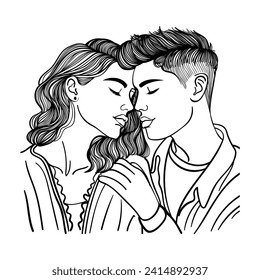Romantic couples isolated on white background, portraits of man and woman in love hugging, cuddling and kissing. Hand drawn vector illustration for Valentine's day greeting card.
