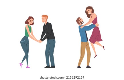 Romantic couples in love. Happy young people holding hands and looking at each other cartoon vector illustration