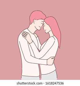 Romantic couples in love hugging.Hand drawn style vector design illustrations.