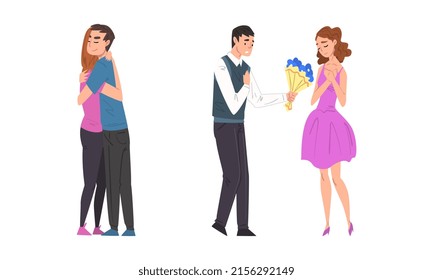 Romantic couples in love set. Happy young people hugging, loving man giving flowers to his girlfriend cartoon vector illustration