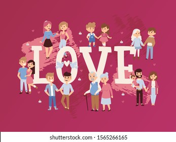 Romantic couples in love, vector illustration. Typography poster, book cover with people of different ages and genders in happy relationships. Cartoon characters holding hands, love story illustration