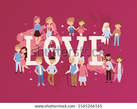 Romantic couples in love, vector illustration. Typography poster, book cover with people of different ages and genders in happy relationships. Cartoon characters holding hands, love story illustration