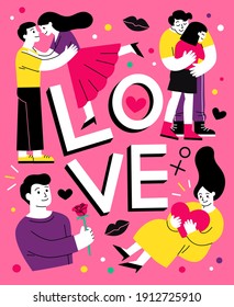Romantic couples. men and women in love hugging, cuddling and kissing. Valentine's day greeting card.