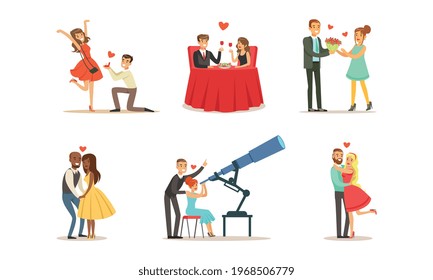 Romantic Couples on Date Set, Young Men and Women Making Proposal, Embracing, Giving Flowers Cartoon Vector Illustration