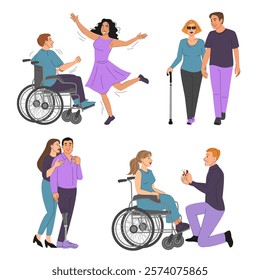 Romantic couples of people with disabilities vector isolated. Collection of happy couples in love. Person in wheelchair having fun and dancing. Man with prosthetic leg with wife. Making proposal.