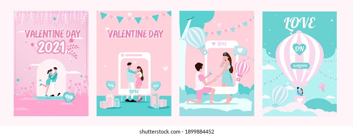 Romantic couples posters. Cartoon characters walking and enjoying time together, postcards with love scenes. Vector collections vertical illustrate image happy boy and girl on date