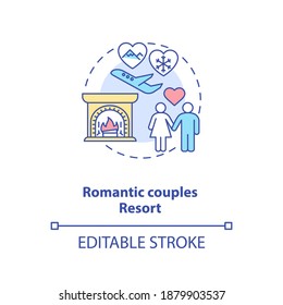Romantic couples resort concept icon. Winter holiday idea idea thin line illustration. Roaring fireplace. Unforgettable experiences for two. Vector isolated outline RGB color drawing. Editable stroke