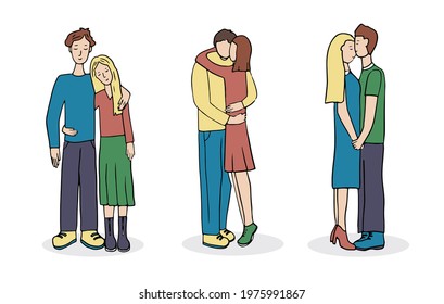 Romantic couples. A set of cute vector characters. Young guy and girl in love and hugging. A scene of tenderness and display of feelings. Hand drawn.