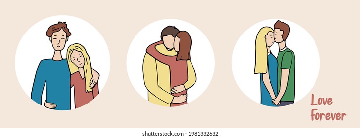 Romantic couples. A set of cute vector characters. Young guy and girl in love and hugging. A scene of tenderness and display of feelings. Hand drawn.