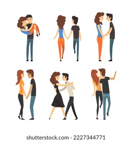 Romantic couples set. Happy young men and women in love hugging, walking, dancing, holding hands cartoon vector illustration
