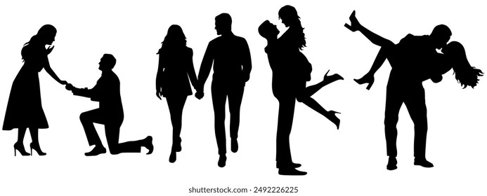 Romantic Couples Silhouettes, Happy People Silhouettes, Love, Happiness, Man, Woman, Family, Kiss, Lovers, Family, Black, Isolated, Marriage, Proposal, Vector Illustration