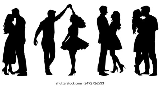 Romantic Couples Silhouettes, Happy People,Love, Happiness, Man, Women, Dance, Kiss, Lovers, Family, Black, Isolated, Vector Illustration	