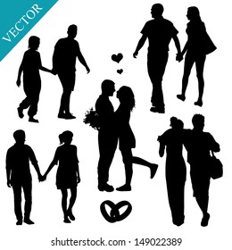 Romantic couples silhouettes on white background, vector illustration 