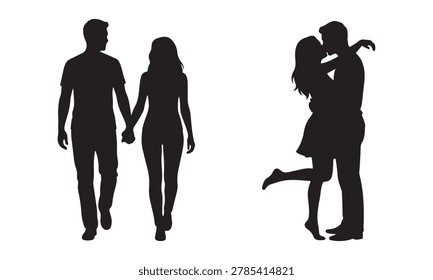 Romantic couples silhouettes walking holding hands and kissing lovingly vector icon set design