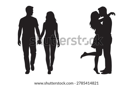 Romantic couples silhouettes walking holding hands and kissing lovingly vector icon set design