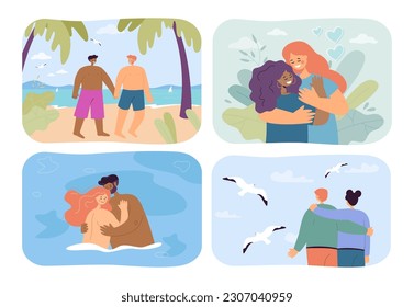 Romantic couples spending time together vector illustrations set. Interracial couples hugging in water, walking on beach, watching birds. Homosexual and heterosexual relationship, love concept