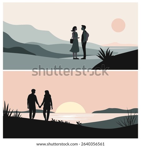 Romantic couples at sunset. Two flat vector scenes in the mountains with love, nature, and warm evening light