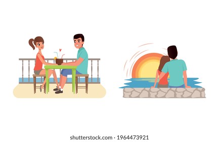 Romantic Couples Travelling on Summer Vacation Set, Young Man and Woman Having Lunch in Seaside Resort and Sitting on Beach Enjoying Sunset Vector Illustration