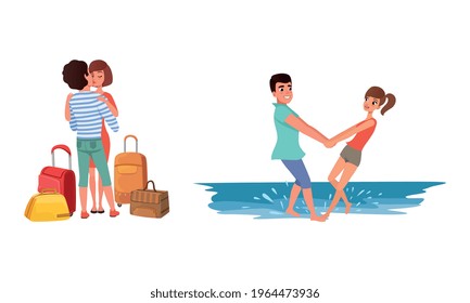Romantic Couples Travelling on Summer Vacation Set, Happy Man and Woman Kissing and Holding Hands on the Beach Vector Illustration