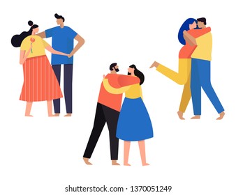 Romantic couples walking together or pairs of men and women. Happy romantic loving couples cartoon vector Illustrations. 