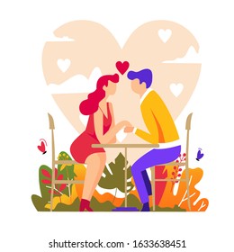 Romantic Couples Who Are Sitting And Having Dinner Together In The Garden With Clouds In The Shape Of Love. Valentine’s Day. Love And Relationship. Flat Design Vector Illustration 