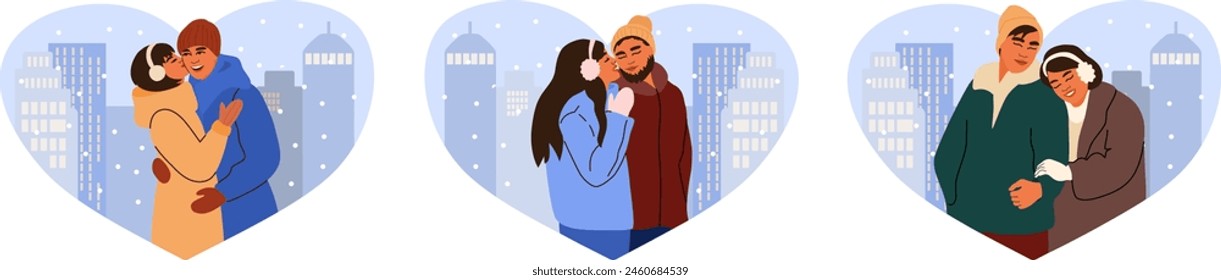 Romantic couples in winter clothes. Urbanistic background. Heart shaped. 