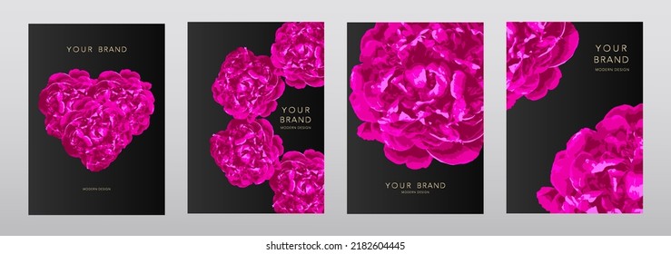 Romantic Cover Design Set With Pink Peonies Flower Bouquet. Exotic Floral Vector Background Pattern For Wedding Invitation, Menu, Summer Sale, Holiday Poster, Makeup Catalog, Magazine Layout