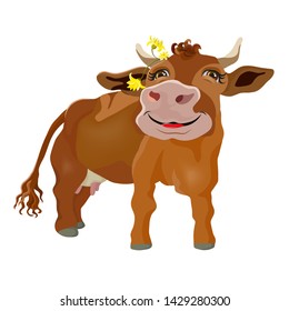 Romantic cow with flowers that she decorated her horns. Vector illustration