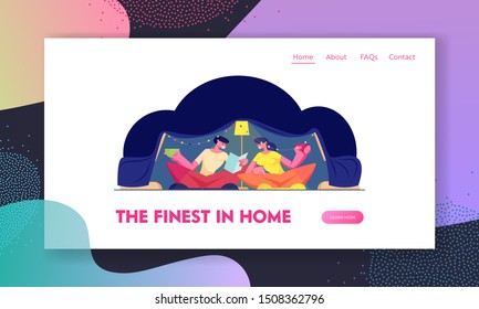 Romantic Cozy Family Evening Sparetime Website Landing Page. Happy Loving Couple Sitting at Home in Childrens Tent Reading Book and Drinking Beverage Web Page Banner. Cartoon Flat Vector Illustration