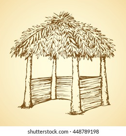 Romantic cozy sea coast place isolated on white sky background. Retro thai rest spa sala bar with old straw roof. Freehand outline ink drawing picture sketch in art vintage doodle style pen on paper