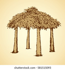 Romantic cozy sea coast place isolated on white sky background. Retro thai rest spa sala bar with old straw roof. Freehand outline ink drawing picture sketch in art vintage doodle style pen on paper