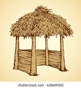 Romantic cozy sea coast place isolated on white sky background. Retro thai rest spa sala bar with old straw roof. Freehand outline ink drawing picture sketch in art vintage doodle style pen on paper
