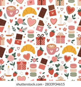 Romantic cozy seamless pattern with coffee cups, croissants, chocolate bars, macarons, heart cookies, candles, gifts, and pink roses on a white background. Flat vector design perfect for Valentine's Day packaging, bakery branding, gift wrap, greeting cards, and romantic textiles.