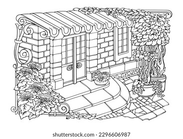 Romantic Cozy Town. Coloring Pages. Coloring Book for adults. Anti-stress colouring page with fantasy house, tree, and flowers, drawn in freehand linear style. Vector illustration in black and white.