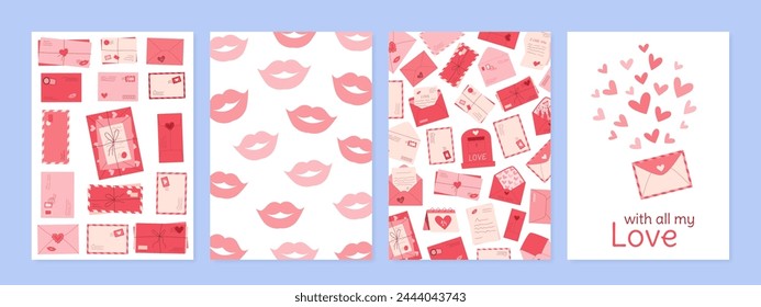 Romantic craft mail and letter banner set, flat style envelope with heart and lips poster, trendy love post card template collection, cartoon cute postcard design concept with kisses and mailbox
