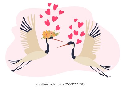 Romantic Cranes in Flight with Floral Accents and Hearts, vector illustration, Symbol of Love, Valentines Day