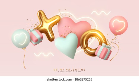 Romantic creative composition. Happy Valentine's Day. Realistic 3d festive decorative objects, heart shaped balloons and XO symbol, falling gift box, glitter gold confetti. Holiday banner and poster.