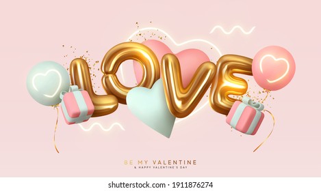 Romantic creative composition. Happy Valentine's Day. Realistic 3d festive decorative objects, heart shaped balloons and Love letter. falling gift box, glitter gold confetti. Holiday banner and poster