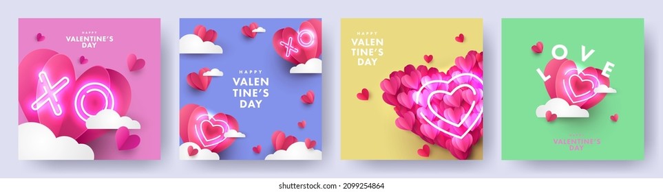 Romantic creative set of Happy Valentine's Day cards. Realistic 3d origami paper hearts over clouds. Heart shaped and XO neon symbols. Festive banner, sale poster, social media or promo templates.