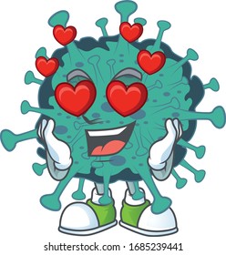 Romantic critical coronavirus cartoon character with a falling in love face